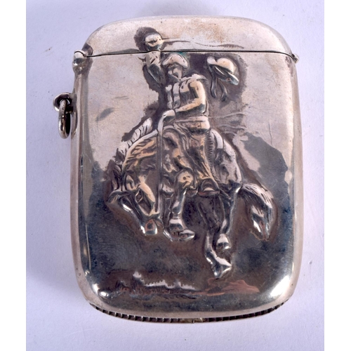 975 - A STERLING SILVER VESTA CASE EMBOSSED WITH A COWBOY.  Stamped Sterling, 7.5cm x 5.1cm, weight 43g