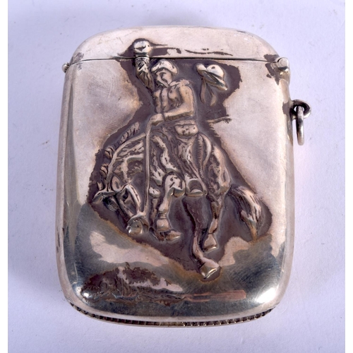 975 - A STERLING SILVER VESTA CASE EMBOSSED WITH A COWBOY.  Stamped Sterling, 7.5cm x 5.1cm, weight 43g