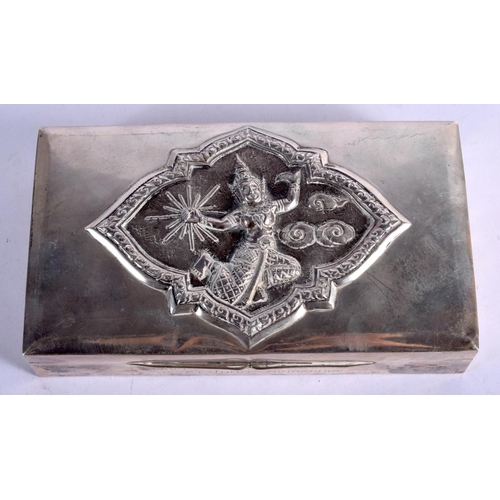 977 - AN ORIENTAL SILVER BOX WITH EMBOSSED SILVER LID.  Stamped Bangkok Sterling, 15cm x 9cm x 4cm, weight... 