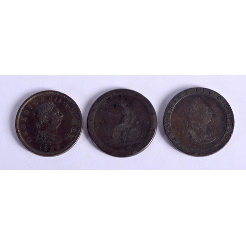 992 - THREE OLD COPPER COINS.  3.8cm diameter, weight 73g