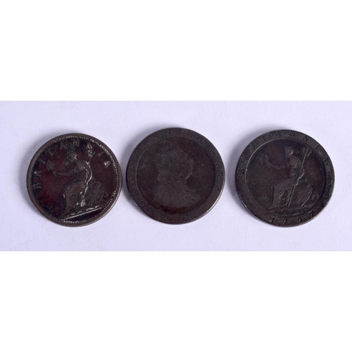 992 - THREE OLD COPPER COINS.  3.8cm diameter, weight 73g