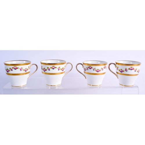 196 - A set of four 20th Century Minton cups and saucers, with pink roses border. (8)