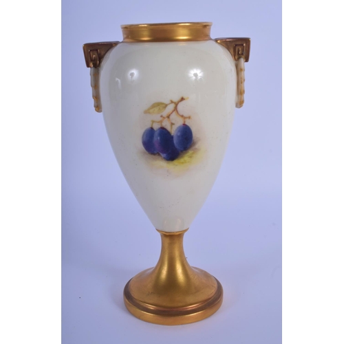 14 - A ROYAL WORCESTER FRUIT PAINTED PORCELAIN VASE by Ricketts. 16 cm high.