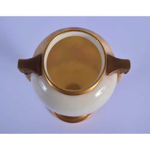 14 - A ROYAL WORCESTER FRUIT PAINTED PORCELAIN VASE by Ricketts. 16 cm high.