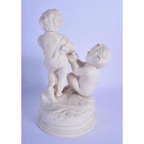 2 - A 19TH CENTURY EUROPEAN PARIAN WARE FIGURE OF TWO PUTTI modelled feeding a chick. 18 cm cm high.
