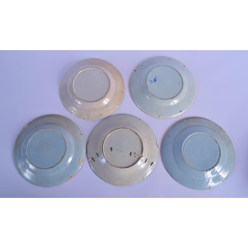 28 - FIVE 18TH CENTURY DELFT BLUE AND WHITE PLATES in various designs. 22 cm diameter. (5)