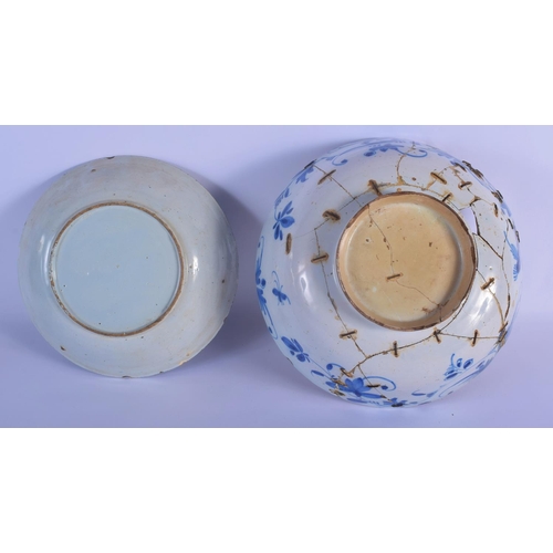 29 - A LARGE 18TH CENTURY DELFT BLUE AND WHITE BOWL together with a similar shallow dish. Largest 22 cm x... 