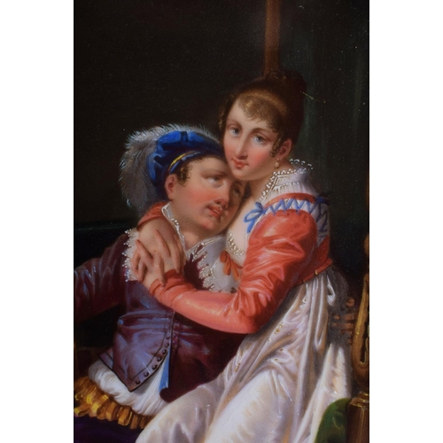 30 - A FINE LARGE 19TH CENTURY EUROPEAN PORCELAIN PLAQUE painted with a male being comforted by his muse,... 