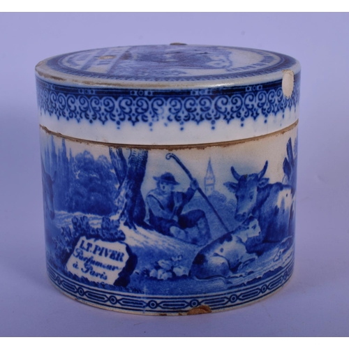 10 - A RARE 19TH CENTURY FRENCH BEEF EXTRACT BLUE AND WHITE POT AND COVER. 6 cm wide.