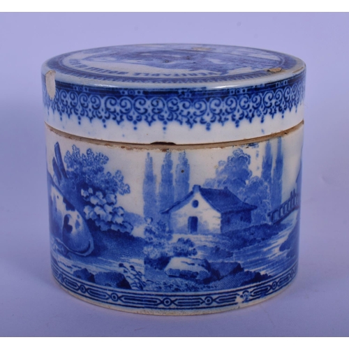 10 - A RARE 19TH CENTURY FRENCH BEEF EXTRACT BLUE AND WHITE POT AND COVER. 6 cm wide.