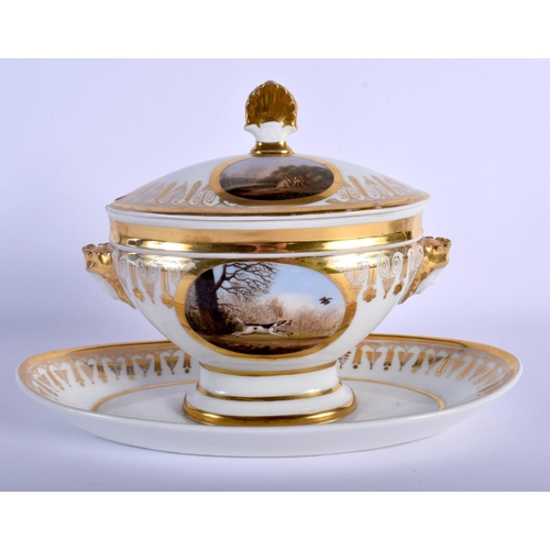 105 - 18TH C. FRENCH PORCELAIN TUREEN STAND AND COVER PAINTED WITH PANELS OF HUNTING SCENES. 17cm high, 26... 