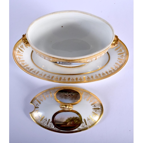 105 - 18TH C. FRENCH PORCELAIN TUREEN STAND AND COVER PAINTED WITH PANELS OF HUNTING SCENES. 17cm high, 26... 