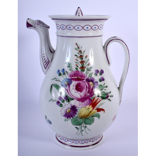 106 - 18TH C. VIENNA COFFEE POT AND COVER PAINTED WITH FLOWERS IMPRESSED MARKS. 17.5cm high