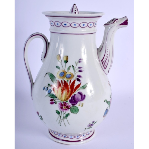 106 - 18TH C. VIENNA COFFEE POT AND COVER PAINTED WITH FLOWERS IMPRESSED MARKS. 17.5cm high