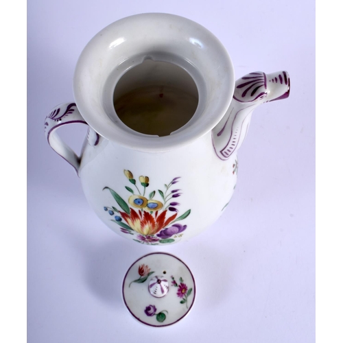 106 - 18TH C. VIENNA COFFEE POT AND COVER PAINTED WITH FLOWERS IMPRESSED MARKS. 17.5cm high