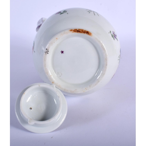 106 - 18TH C. VIENNA COFFEE POT AND COVER PAINTED WITH FLOWERS IMPRESSED MARKS. 17.5cm high