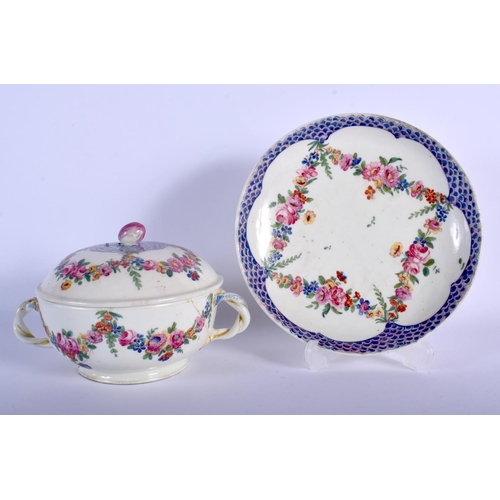 107 - 18TH C. ECUELLE COVER AND STAND PAINTED WITH SWAGS OF FLOWERS AND LILAC SCALE IN THE STYLE OF EARLY ... 