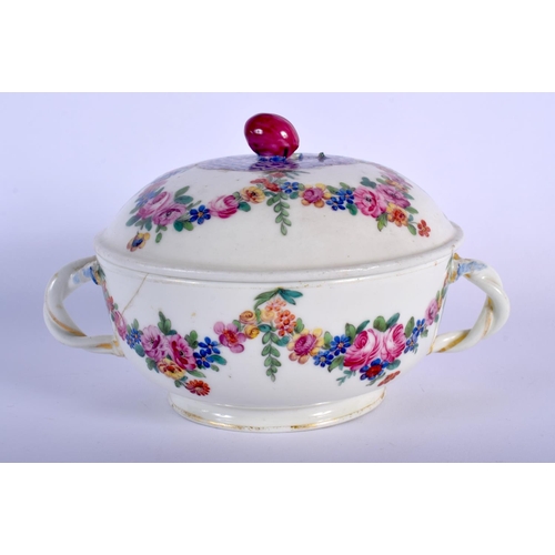 107 - 18TH C. ECUELLE COVER AND STAND PAINTED WITH SWAGS OF FLOWERS AND LILAC SCALE IN THE STYLE OF EARLY ... 