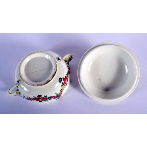 107 - 18TH C. ECUELLE COVER AND STAND PAINTED WITH SWAGS OF FLOWERS AND LILAC SCALE IN THE STYLE OF EARLY ... 