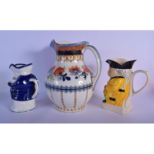 11 - TWO ENGLISH CHARACTER TOBY JUGS and a jug. Largest toby 23 cm high. (3)