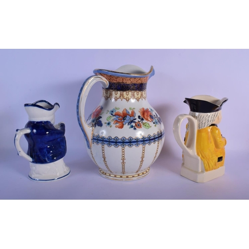 11 - TWO ENGLISH CHARACTER TOBY JUGS and a jug. Largest toby 23 cm high. (3)
