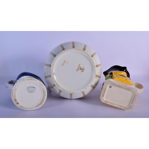 11 - TWO ENGLISH CHARACTER TOBY JUGS and a jug. Largest toby 23 cm high. (3)