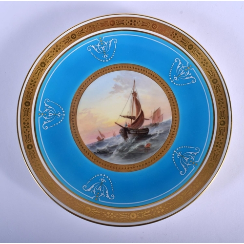 111 - 20TH C. MINTON PLATE PAINTED WITH A SAILING SCENE UNDER A TURQUOISE BORDER UNDOUBTEDLY BY J E DEAN. ... 