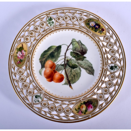 115 - LATE 19TH C. MINT ON PIERCED BORDERED PLATE SUPERBLY PAINTED WITH A BRANCH OF A CHERRY TREE WITH SIX... 