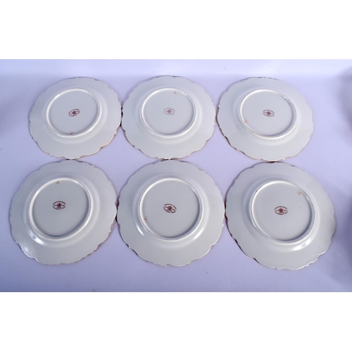 118 - EARLY 20TH C. BROWN -WESTHEAD AND MOORE SET OF SIX PLATES FINELY PAINTED WITH FLOWERS SURROUNDED A H... 