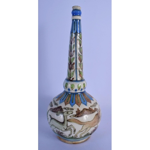 13 - A 19TH CENTURY ISLAMIC PERSIAN QAJAR FAIENCE GLAZED ROSE WATER SPRINKLER painted with animals. 29 cm... 