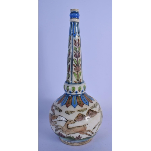13 - A 19TH CENTURY ISLAMIC PERSIAN QAJAR FAIENCE GLAZED ROSE WATER SPRINKLER painted with animals. 29 cm... 