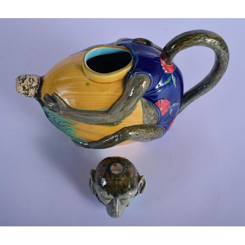 17 - A RARE 19TH CENTURY MINTON MAJOLICA TEAPOT AND COVER in the form of a monkey. 21 cm x 17 cm.