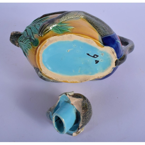 17 - A RARE 19TH CENTURY MINTON MAJOLICA TEAPOT AND COVER in the form of a monkey. 21 cm x 17 cm.