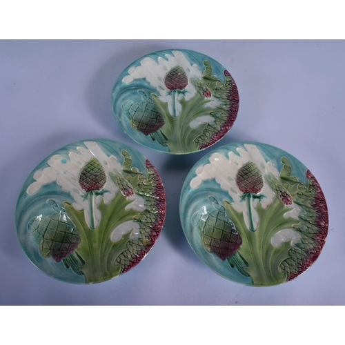 21 - NINE 19TH CENTURY FRENCH MAJOLICA ASPARAGUS DISHES. 23 cm diameter. (9)
