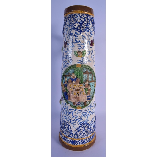 24 - A RARE 18TH/19TH CENTURY EUROPEAN TIN GLAZED POTTERY JUG STEIN painted with figures in relief and an... 