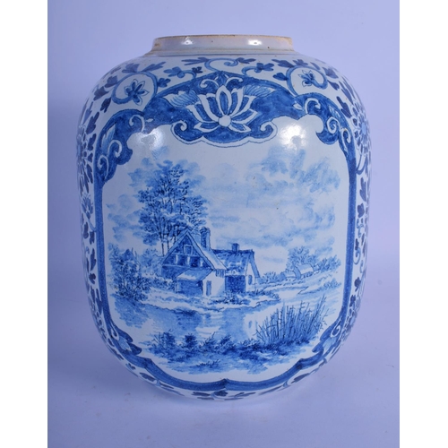 25 - A DUTCH DELFT BLUE AND WHITE GLOBULAR VASE painted with boats within panels of flowers. 22 cm x 13 c... 