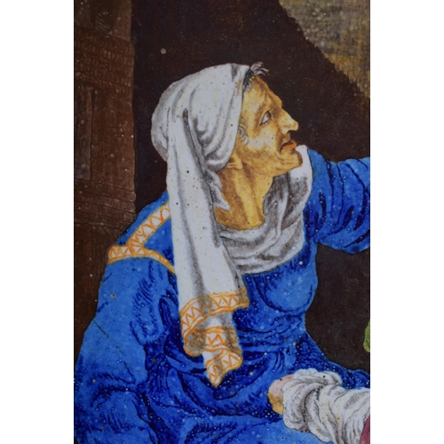 27 - A LARGE 19TH CENTURY FRENCH FAIENCE ENAMELLED POTTERY TILE depicting figures within an interior. 30 ... 