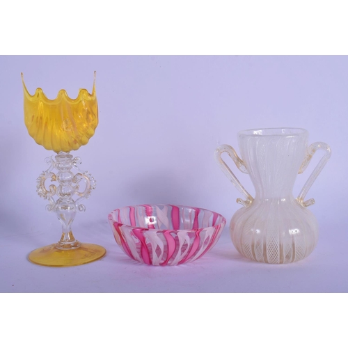 3 - A TWIN HANDLED VENETIAN GLASS VASE together with another and a small glass bowl. Largest 13 cm high.... 