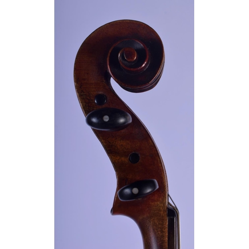 306 - A 19TH CENTURY GERMAN VIOLIN with two bows and contained within an Edward Withers case. 58 cm long. ... 