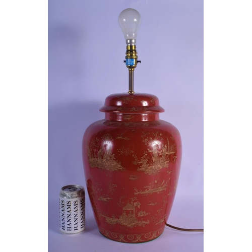 307 - A GEORGE III STYLE COUNTRY HOUSE PORCELAIN LAMP decorated with oriental scenes. 50 cm high inc fitti... 