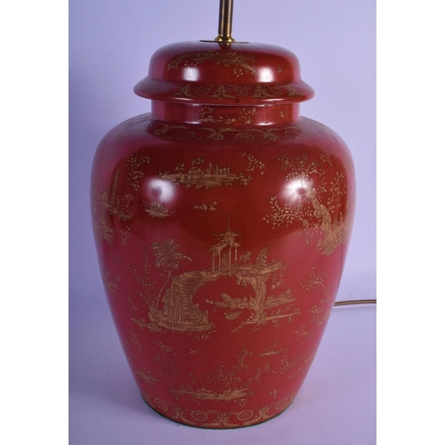 307 - A GEORGE III STYLE COUNTRY HOUSE PORCELAIN LAMP decorated with oriental scenes. 50 cm high inc fitti... 