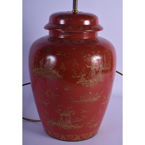 307 - A GEORGE III STYLE COUNTRY HOUSE PORCELAIN LAMP decorated with oriental scenes. 50 cm high inc fitti... 