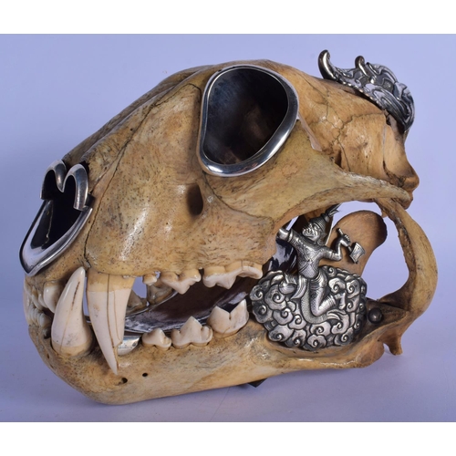 308 - A FINE AND RARE EARLY 20TH CENTURY SILVER MOUNTED MIDDLE EASTER TIGER SKULL probably Thai, formed as... 