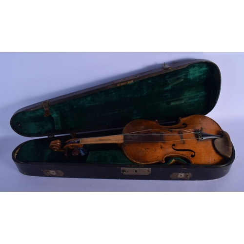 318 - A CASED ANTIQUE SINGLE PIECE BACK VIOLIN bearing Italian label to interior dated 1803. 58 cm long.