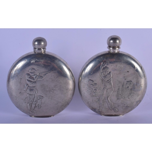 323 - A RARE PAIR OF VINTAGE SILVER PLATED HUNTING HIP FLASKS depicting a hunter and golfer. 12 cm x 9 cm.
