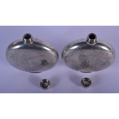 323 - A RARE PAIR OF VINTAGE SILVER PLATED HUNTING HIP FLASKS depicting a hunter and golfer. 12 cm x 9 cm.