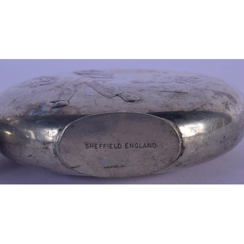 323 - A RARE PAIR OF VINTAGE SILVER PLATED HUNTING HIP FLASKS depicting a hunter and golfer. 12 cm x 9 cm.