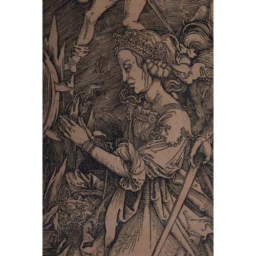 332 - After Albrecht Durer (1471-1528) Engraving, Figures within a landscape. 48 cm x 36 cm.