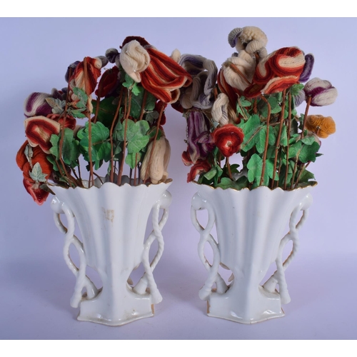 34 - A PAIR OF 19TH CENTURY FRENCH PARIS PORCELAIN VASES with wool work flowers. 36 cm high overall.