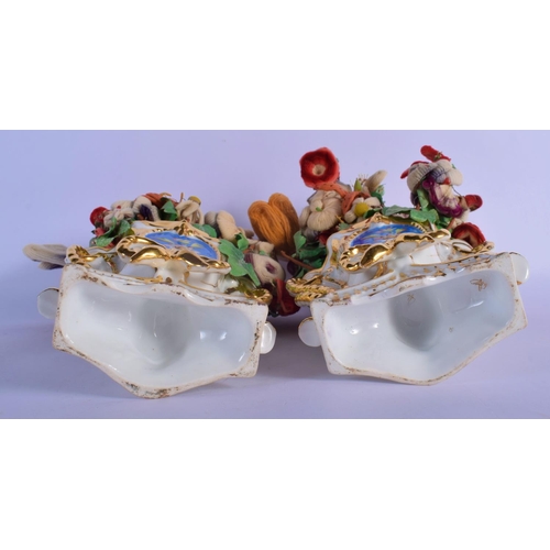 34 - A PAIR OF 19TH CENTURY FRENCH PARIS PORCELAIN VASES with wool work flowers. 36 cm high overall.
